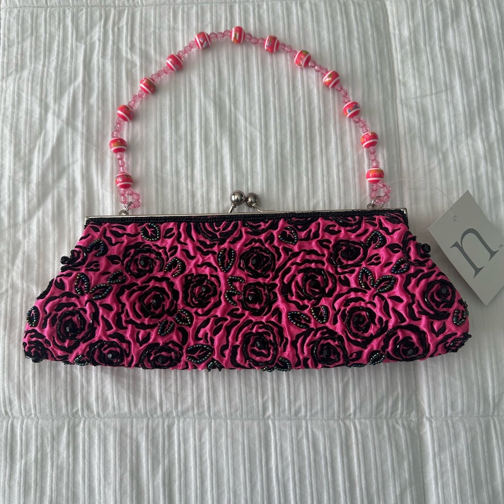 Nicole Lee Pink and Black Clutch with Decorative Chain